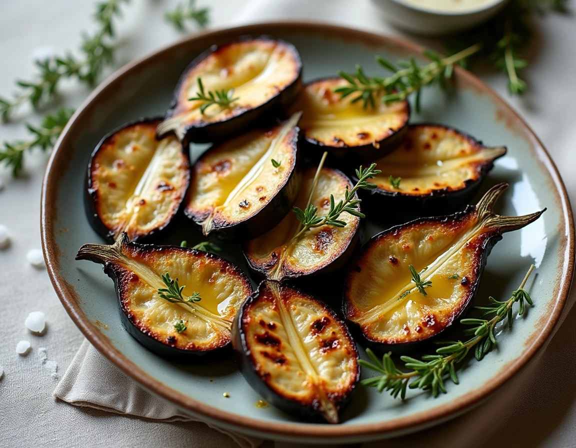 Tranches d'aubergines grillées et moelleuses sur une assiette en céramique avec thym frais et huile d'olive
