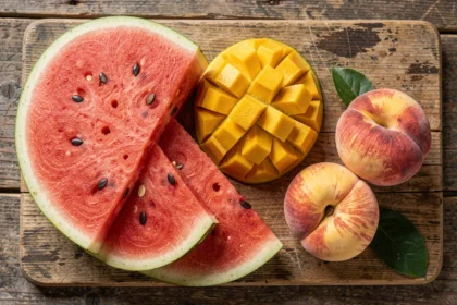 Tranches de pastèque, mangue et pêche sur une planche en bois