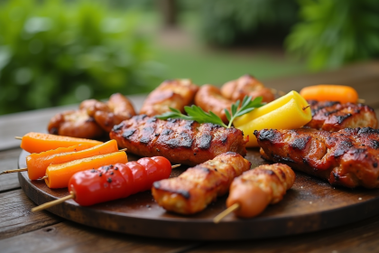 Assortiment coloré de plats d'accompagnement barbecue en extérieur