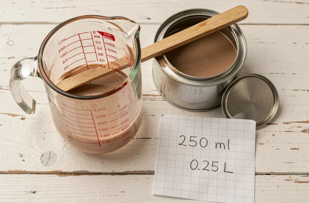 Verre doseur gradué en millilitres posé à côté d'une boîte de vernis et d'une note de conversion manuscrite pour bricolage