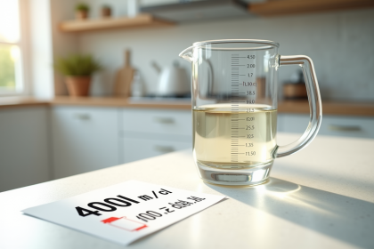 Verre mesureur rempli à 400 ml sur plan de cuisine lumineux