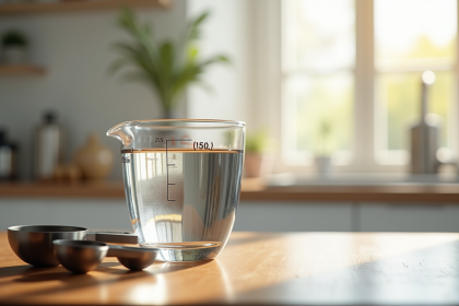 Verre mesureur rempli de 250 ml d'eau sur plan de cuisine lumineux