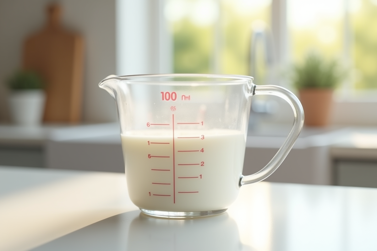 Verre mesureur de lait frais sur plan de travail lumineux