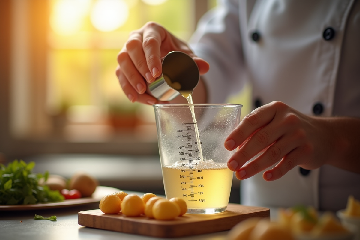 Mains de chef versant liquide dans un verre mesureur en gros plan