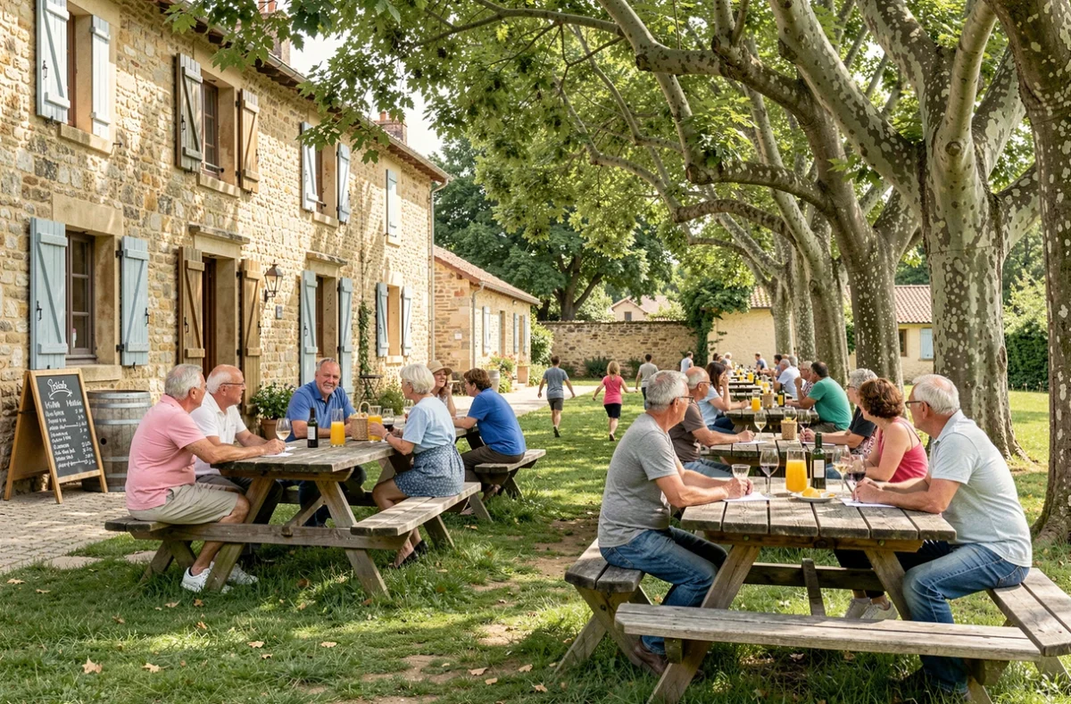 Vue d'ensemble d'une guinguette à la ferme avec familles et enfants autour de tables en plein air