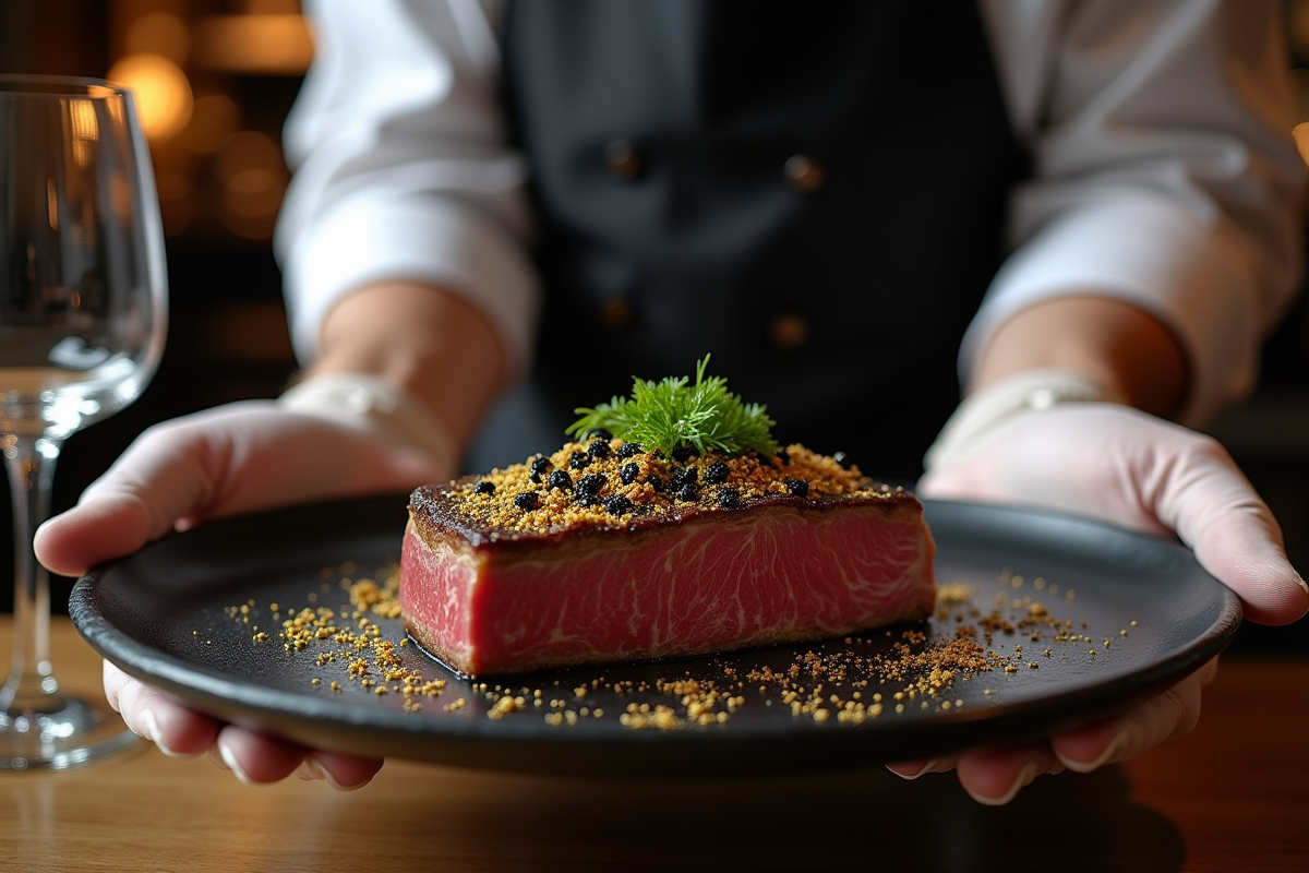Chef présentant un steak wagyu avec caviar et or sur une assiette noire