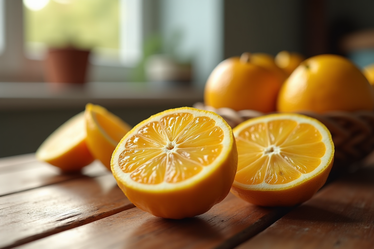 Yuzu coupé sur un plan de travail en bois rustique