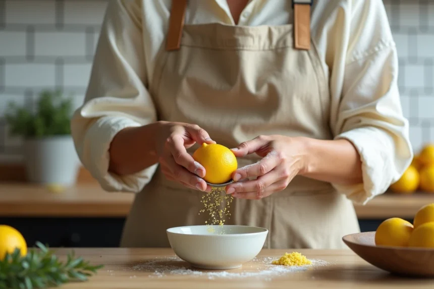 Femme râpant le zeste d'un citron frais au-dessus d'un bol en céramique dans une cuisine rustique